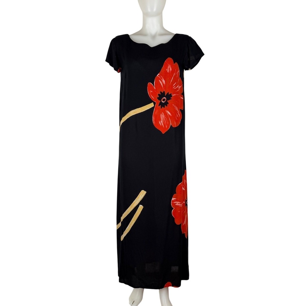 Hilo Hattie Vintage Black Red Poppy Floral Rayon Maxi Dress XS Bali Indonesia